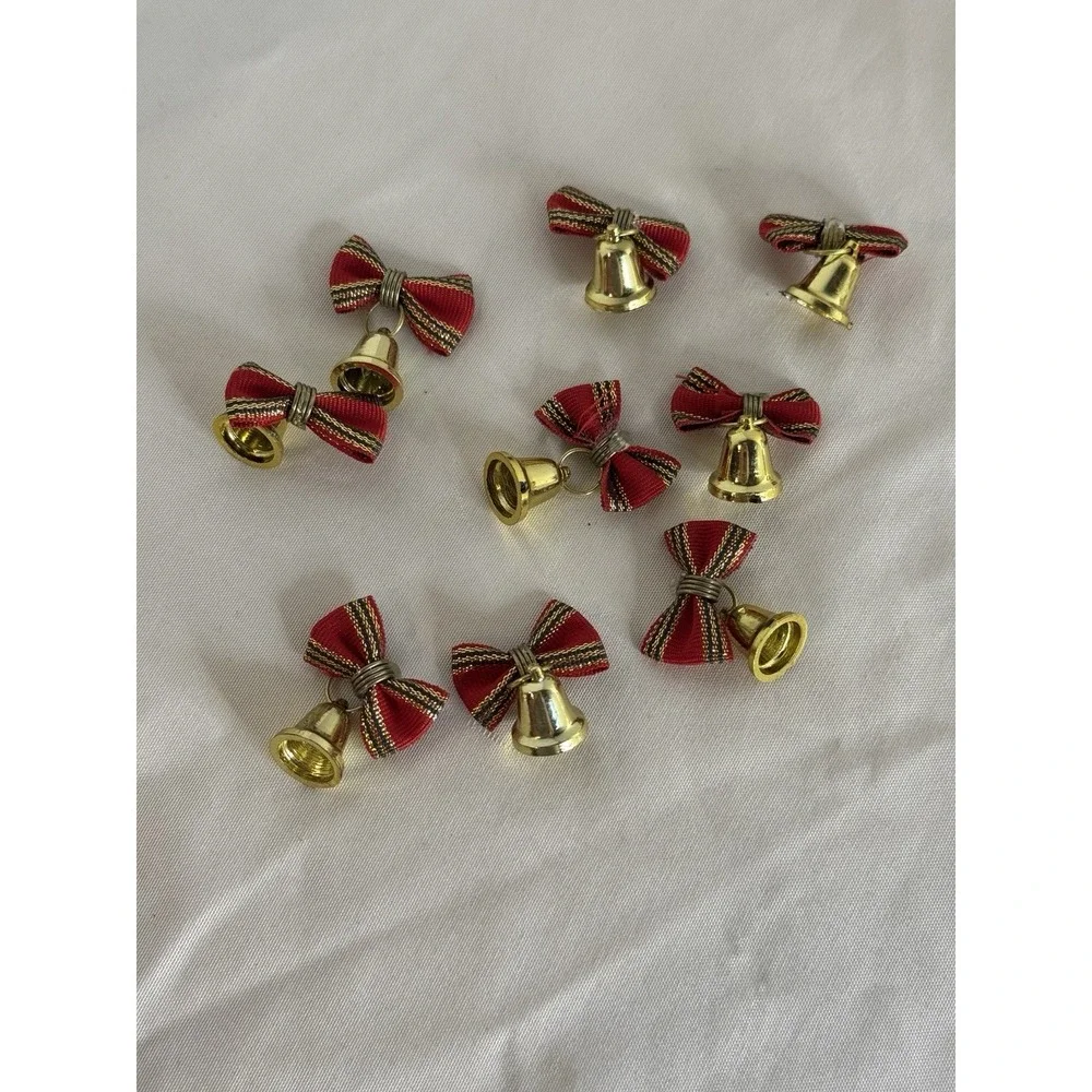 Vintage‎ Christmas Bell Lot Jingle Ornaments Gold Red Bow Taiwan Craft Decor